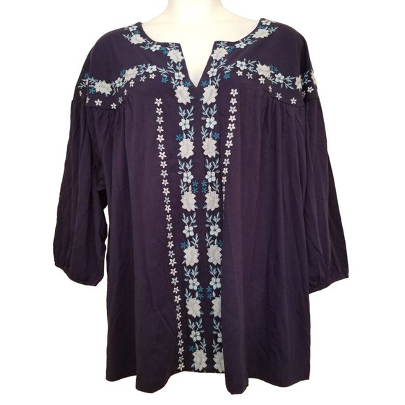 Roamans 4X Blue Floral Embroidered Notch V‎ Neck Top 34 36W - Picture 1 of 5